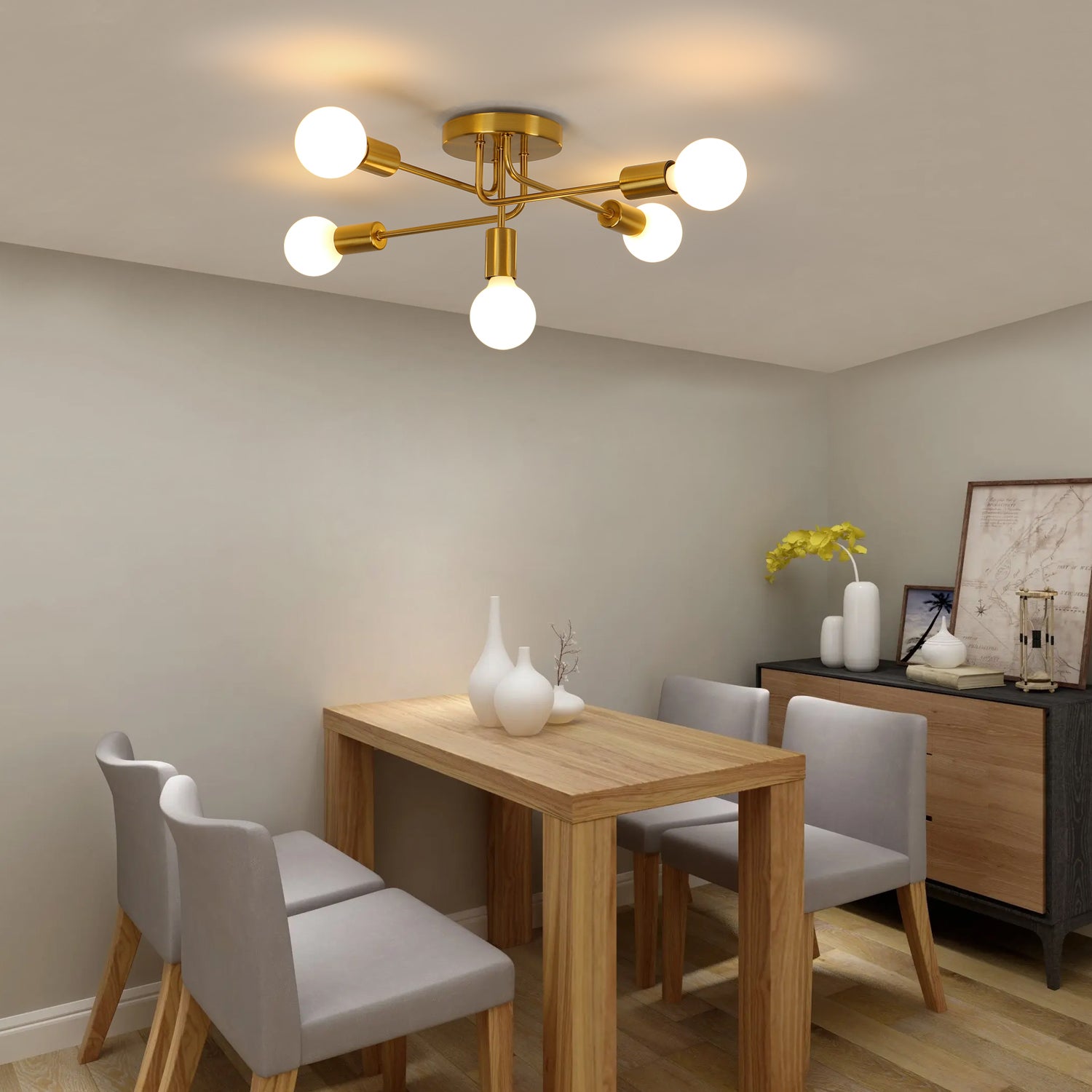 GOECO Plafonnier Métal Doré 5 Douilles E27, Design Industriel Rétro, Lampe Plafond Sans Ampoules Pour Salon Cuisine Chambre - 6