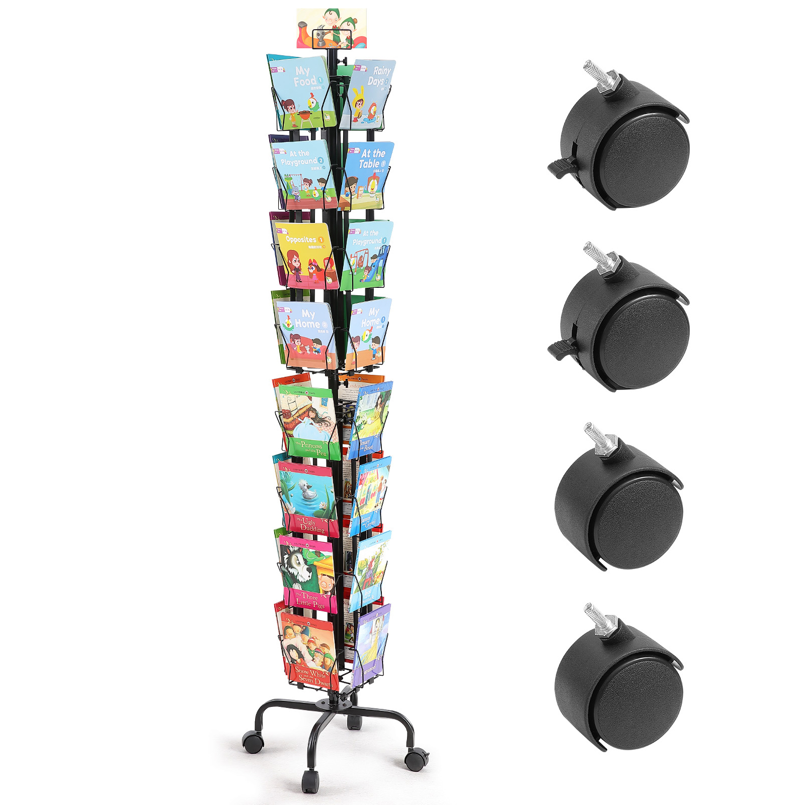 Présentoir de cartes de vœux,SucceBuy 32 poches pour cartes postales,support rotatif à 360° avec support de panneau et 4 roues (2 verrouillables) - 3