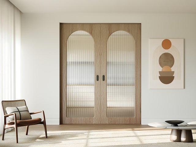 Porte coulissante double avec système à galandage en bois et MDF - arche naturel clair et verre trempé cannelé - 2 x H205 x L83 cm - ODEZA