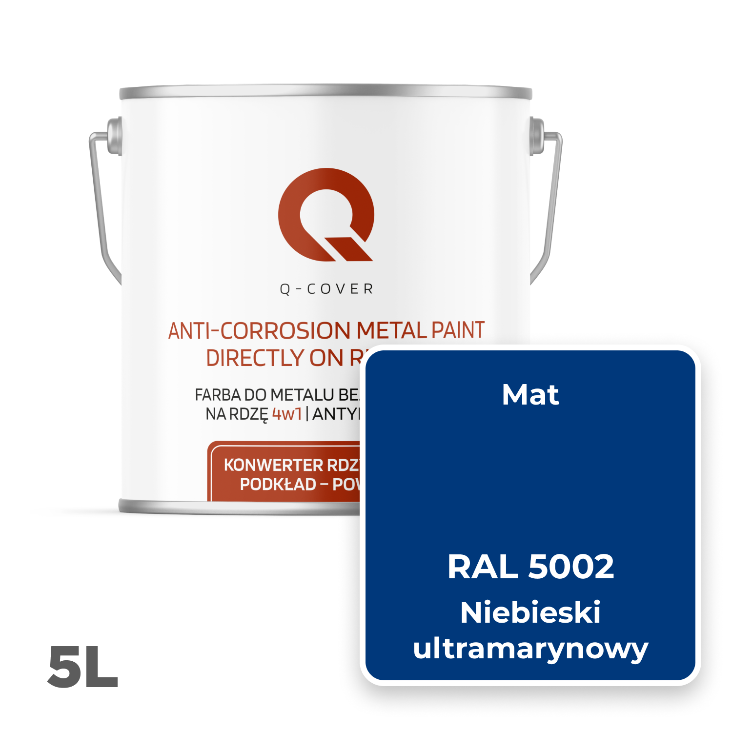 Farba do Metalu Prosto na Rdzę 4w1 Q-Cover Niebieski ultramarynowy RAL5002 Mat 5L - 2