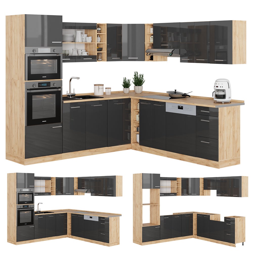 Vicco Cuisine en angle R-Line, Anthracite Haute brillance/Chêne de force doré, 247 x 237 cm, PT Chêne - 8