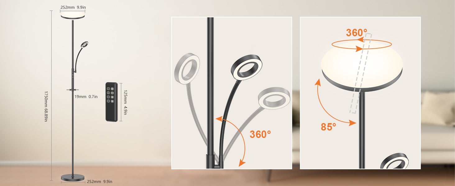 Amdelne Lampadaire LED, 30W+5W 2500LM, dimmable et contrôle des couleurs 3000K-6000K, avec télécommande magnétique Noir - 7