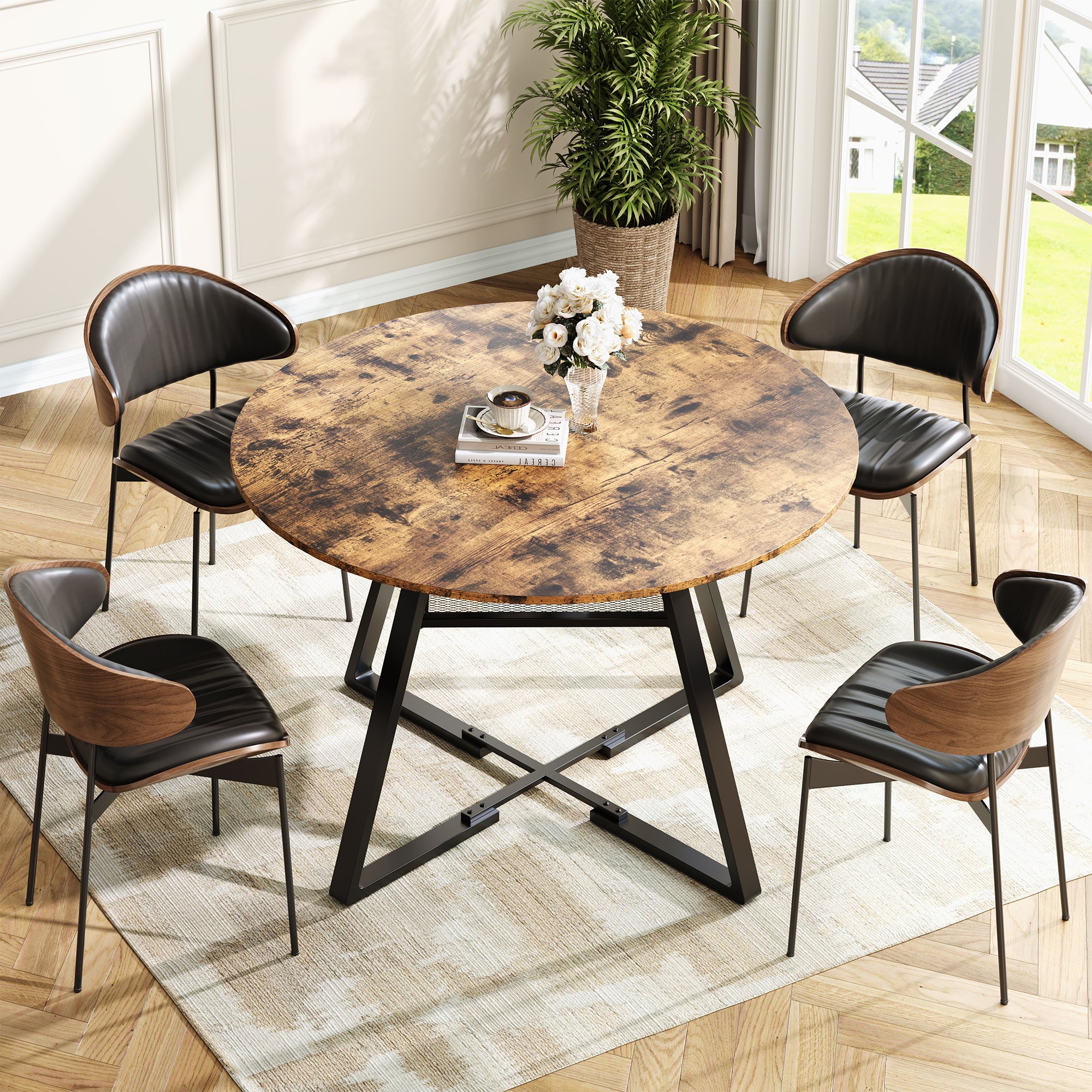 Grande Table à Manger Ronde Avec Rangement - Table En Bois Massif (pieds En Métal) - 120 Cm - 6