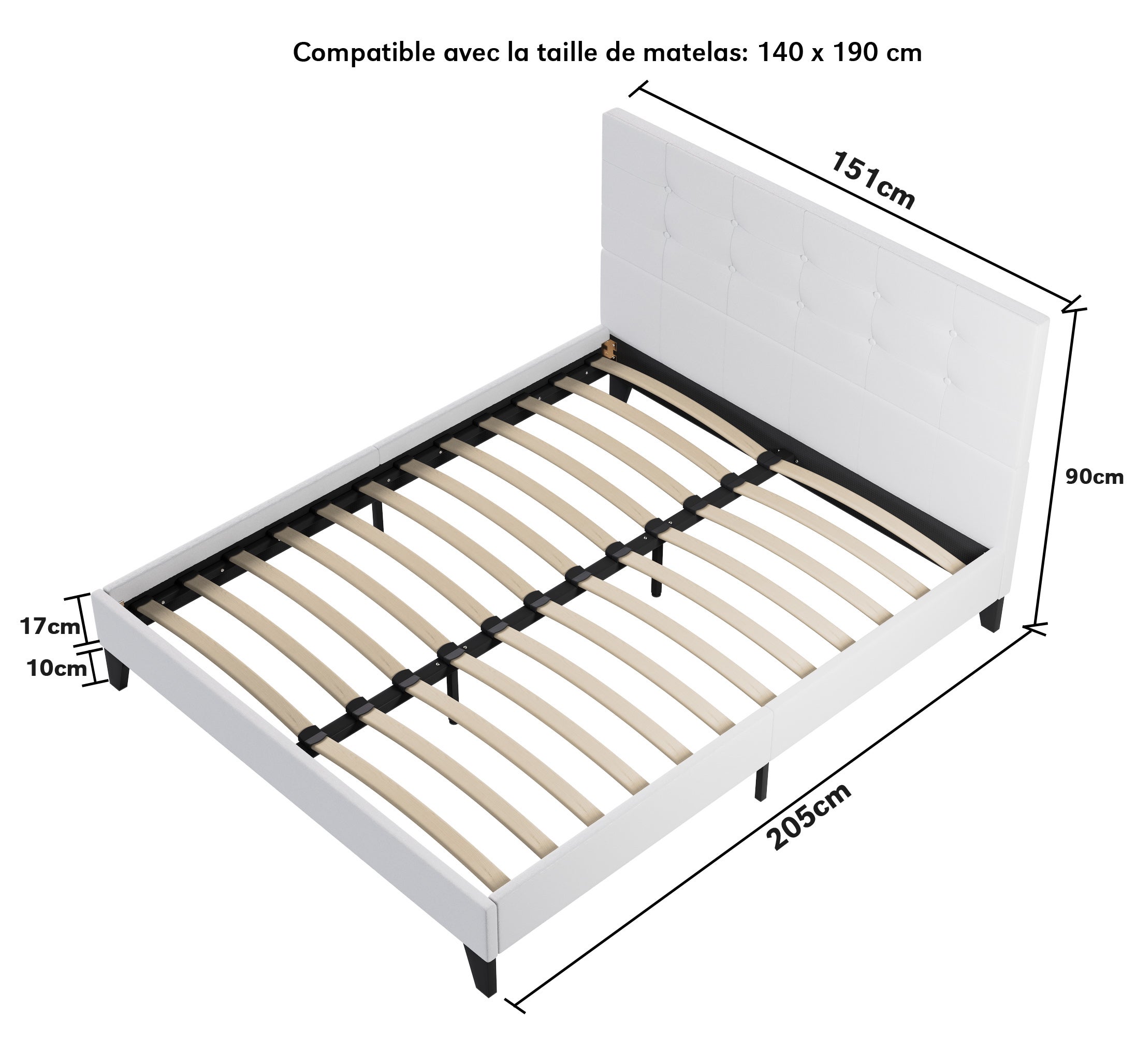 Ensemble 140x190cm-Matelas mémoire de forme + Lit avec tête de lit et sommier à lattes, Matelas 22cm d’épaisseur - 10