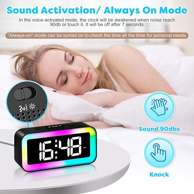 Réveil pour enfants et adolescents avec veilleuse 7 couleurs horloge numérique LED,luminosité réglable, répétition d'alarme, commande vocale, 12/24 h, - 2