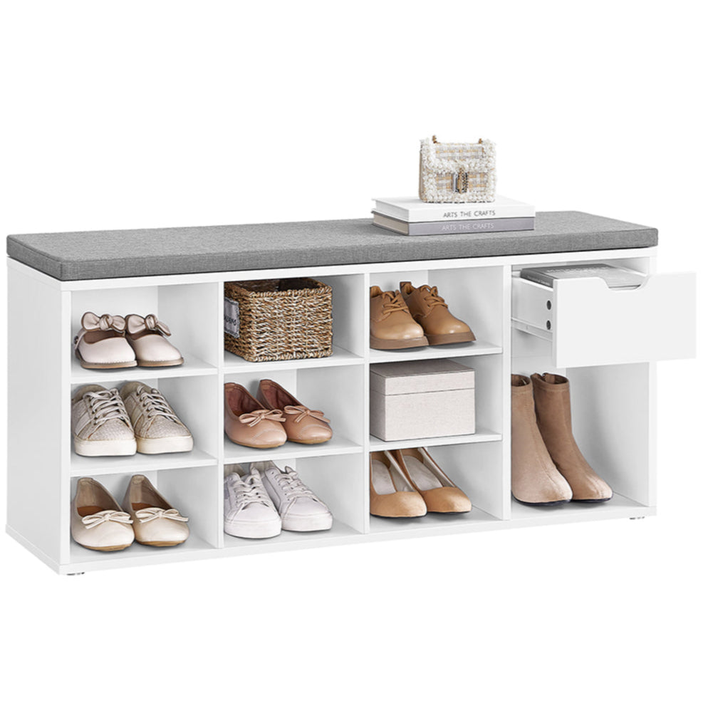 Banc d'entrée blanc avec rangement à chaussures rembourré en cuir
