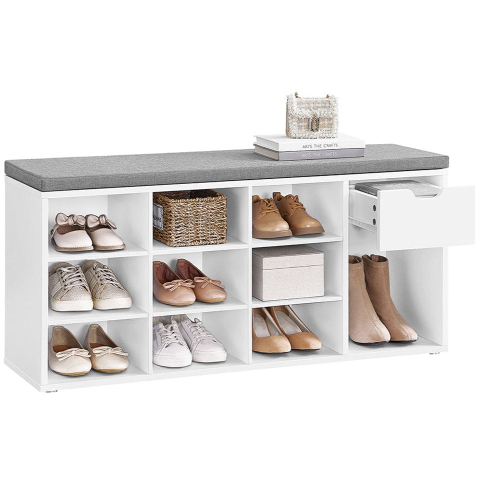 Banc d'entrée blanc avec rangement à chaussures rembourré en cuir Banc d'entrée blanc avec rangement à chaussures rembourré en cuir