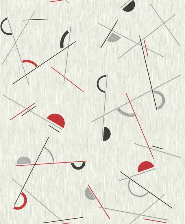 Rasch Papier peint 639940 - Papier peint intissé clair avec des éléments graphiques de lignes et de demi-cercles en rouge, gris et noir