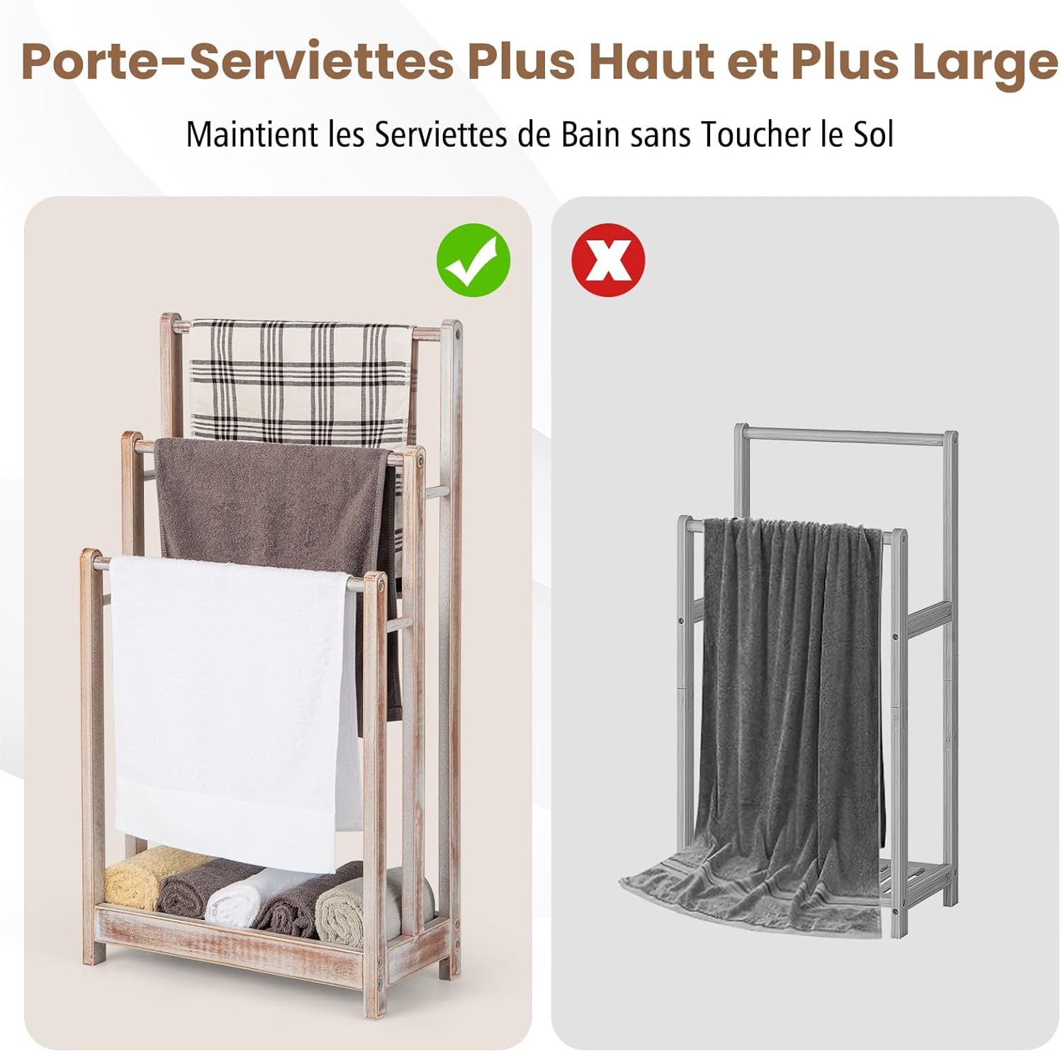 Porte-Serviettes sur Pied en Bois Massif, Porte-Serviettes avec 3 Barres Hauteur Différente et Étagère Inférieure Surélevée, 45x22x86cm, Blanc - 6