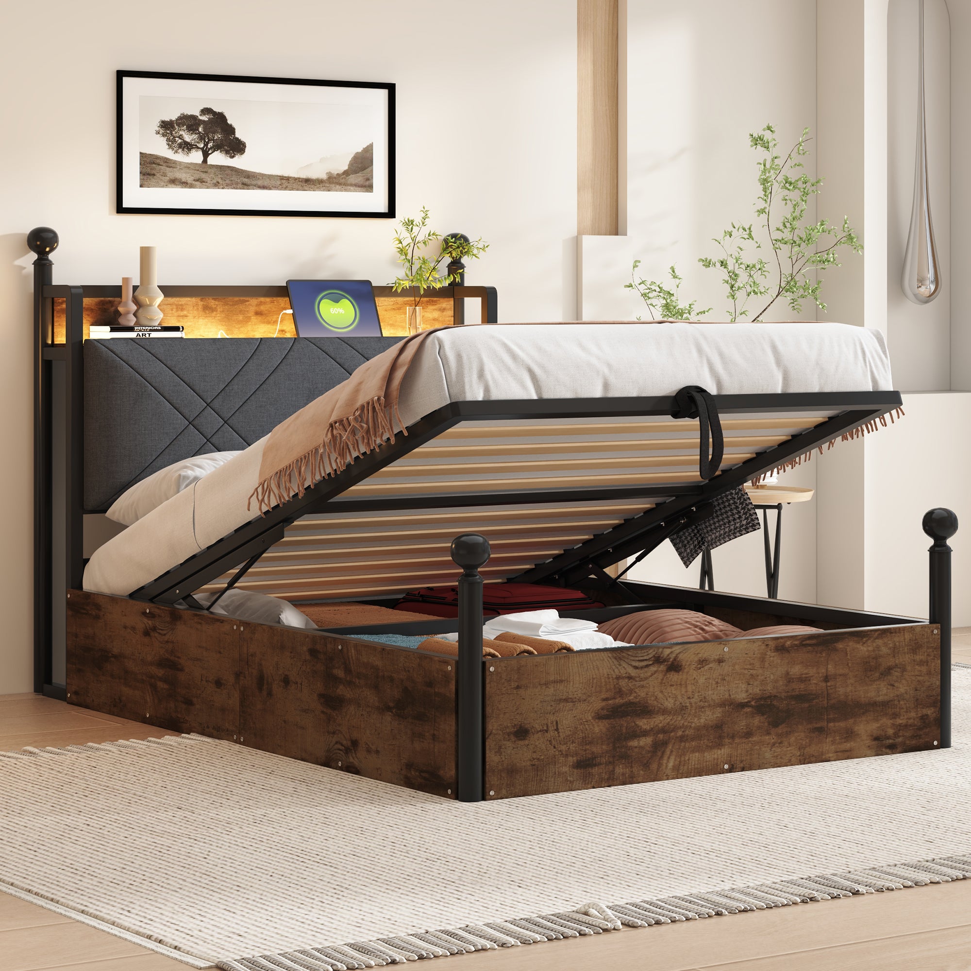 Lit coffre 90x190cm Métal Noir, Rangement Hydraulique, Lit simple&nbsp;capitonné avec LED, Prises USB/Type-C, Cadre de lit en bois (Sans Matelas) - 2