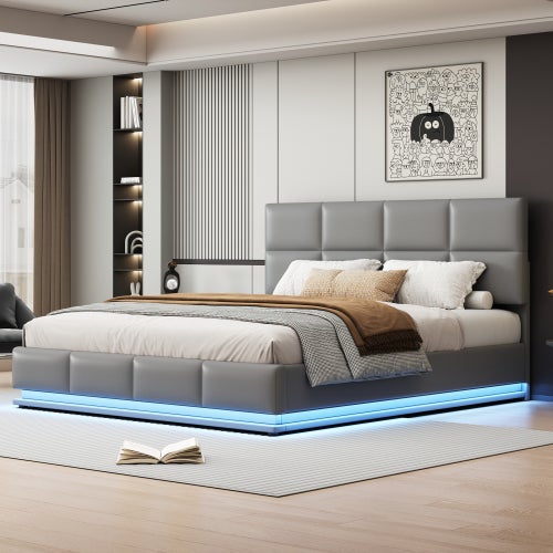 Łóżko tapicerowane 180x200 cm z oświetleniem LED i stelażem listwowym, łóżko podwójne, łóżko dziecięce, ekoskóra, kolor jasnoszary