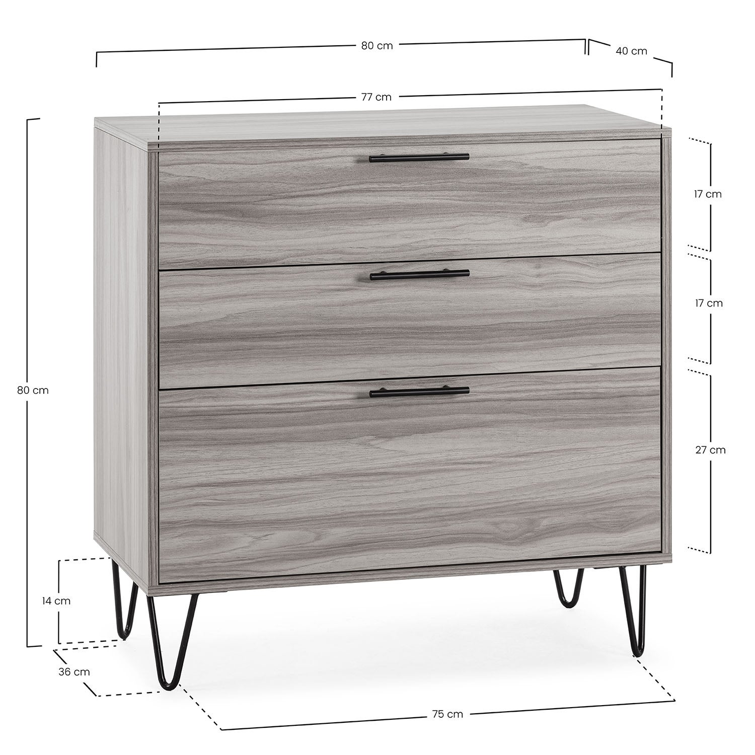 Cómoda de noche Alma 3 cajones color madera, pies metálicos - 5