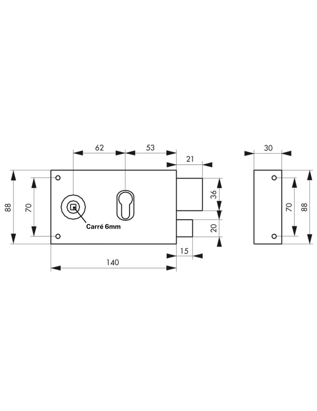 THIRARD - Boitier de serrure horizontale en applique double entrée à fouillot, carré 6 mm, droite, axe 53mm, 140x88mm, noir - THIRARD - 2