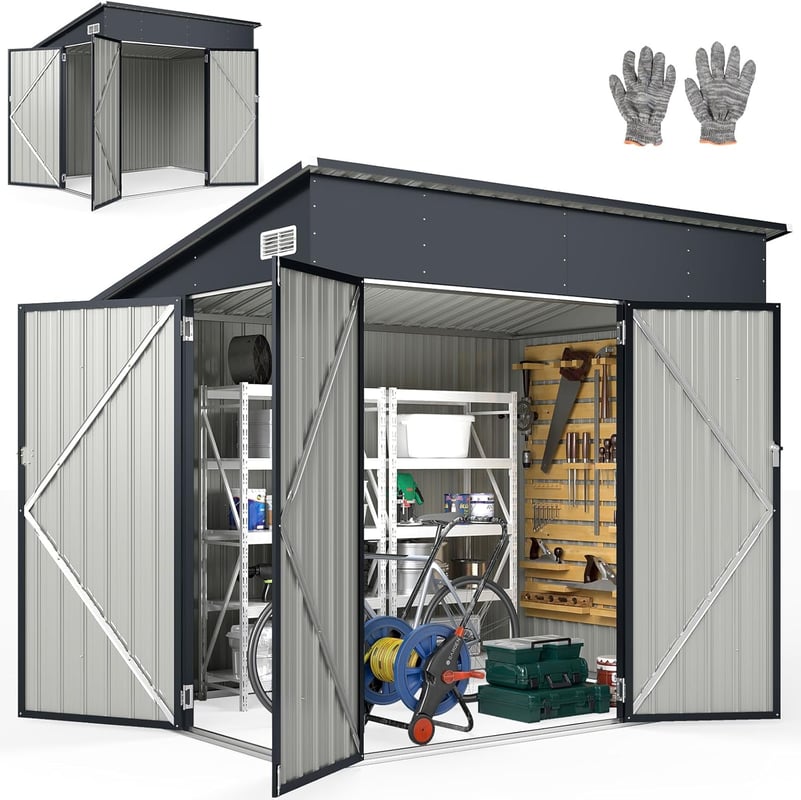 Metalowa Szopa Ogrodowa 235 x 174 x 197 cm, Odporna na Warunki Atmosferyczne Szopa na Narzędzia i Pojemniki na Śmieci (Szara, 7,7 m³)