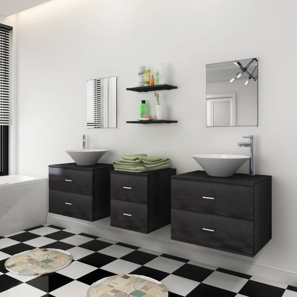 Meubles de salle de bain 9 pcs avec lavabo et robinet Noir - 3