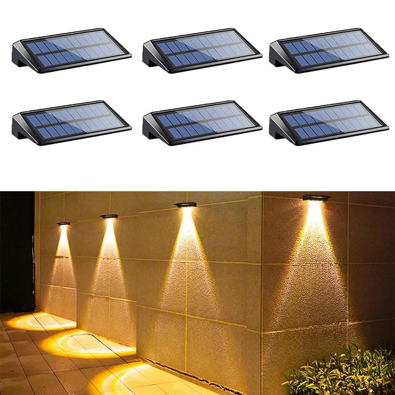 Zestaw 6 solarnych lamp LED na taras do użytku zewnętrznego, wodoodporne IP65, zewnętrzne solarne lampy ścienne, ciepłe światło