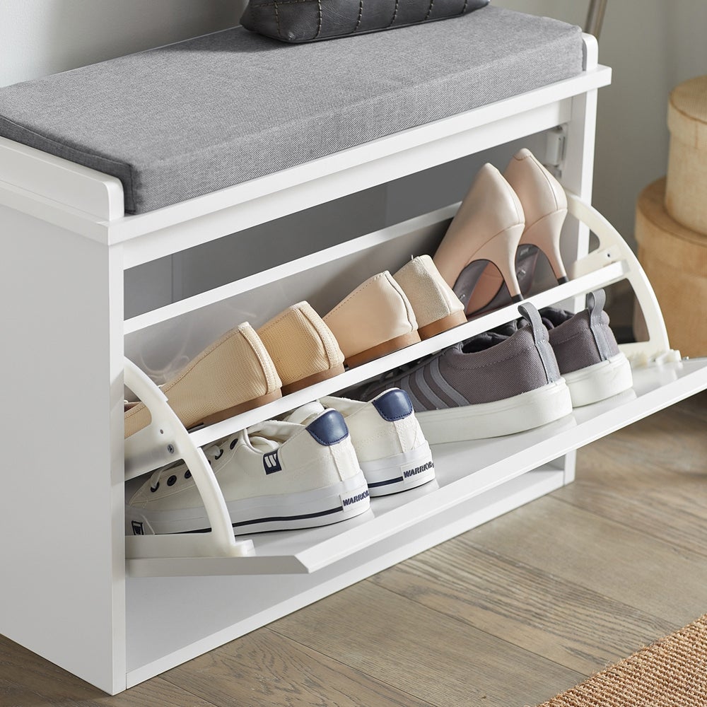 SoBuy Banc chaussures d’entrée avec assise coussin rembourré, meuble de rangement à abattant blanc gain de place, capacité 150 kg, 62x 26x45cm - 9