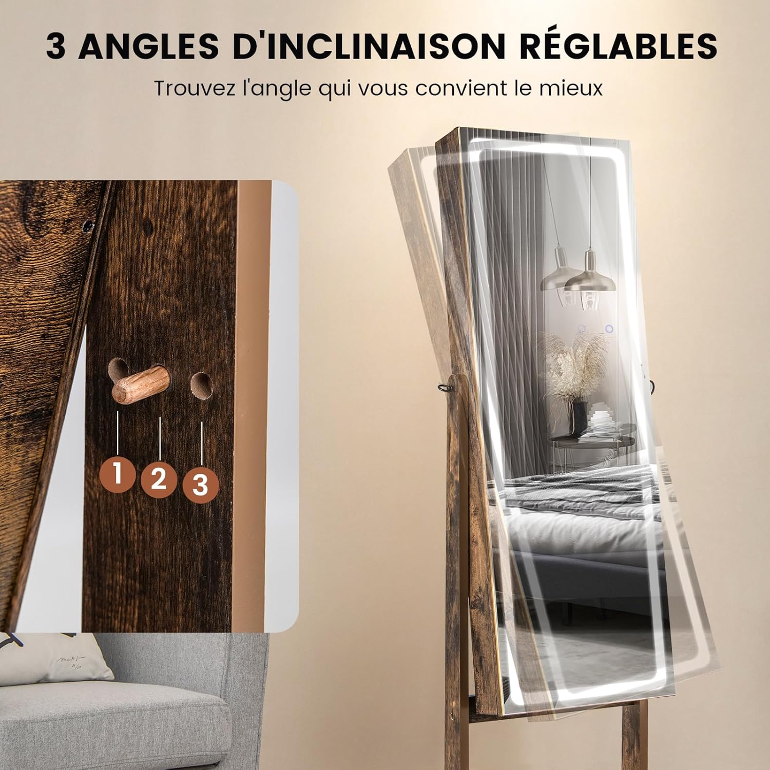 Armoire à Bijoux avec Miroir sur Pieds,Grand Miroir Psyché Sans Cadre avec Éclairage LED 3 Couleurs, avec 3 Angles Ajustables(Marron Rustique) - 8