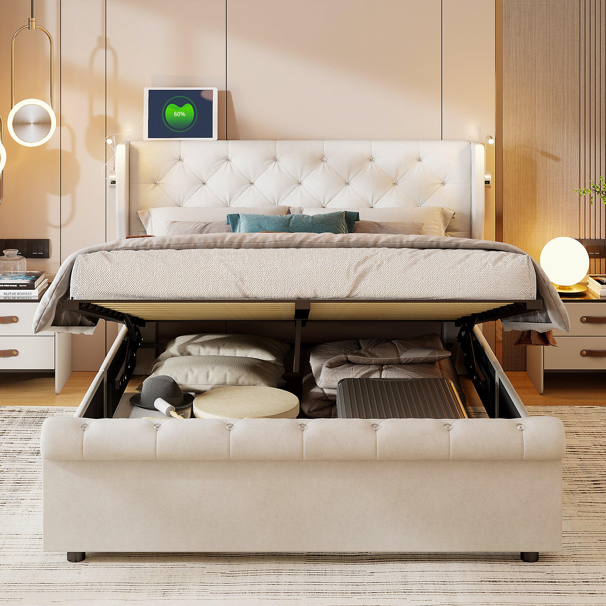 Lit coffre 140x190 velours beige, tête de lit avec LED et port USB, sommier à lattes inclus, rangement hydraulique à vérins, chambre adulte - 3