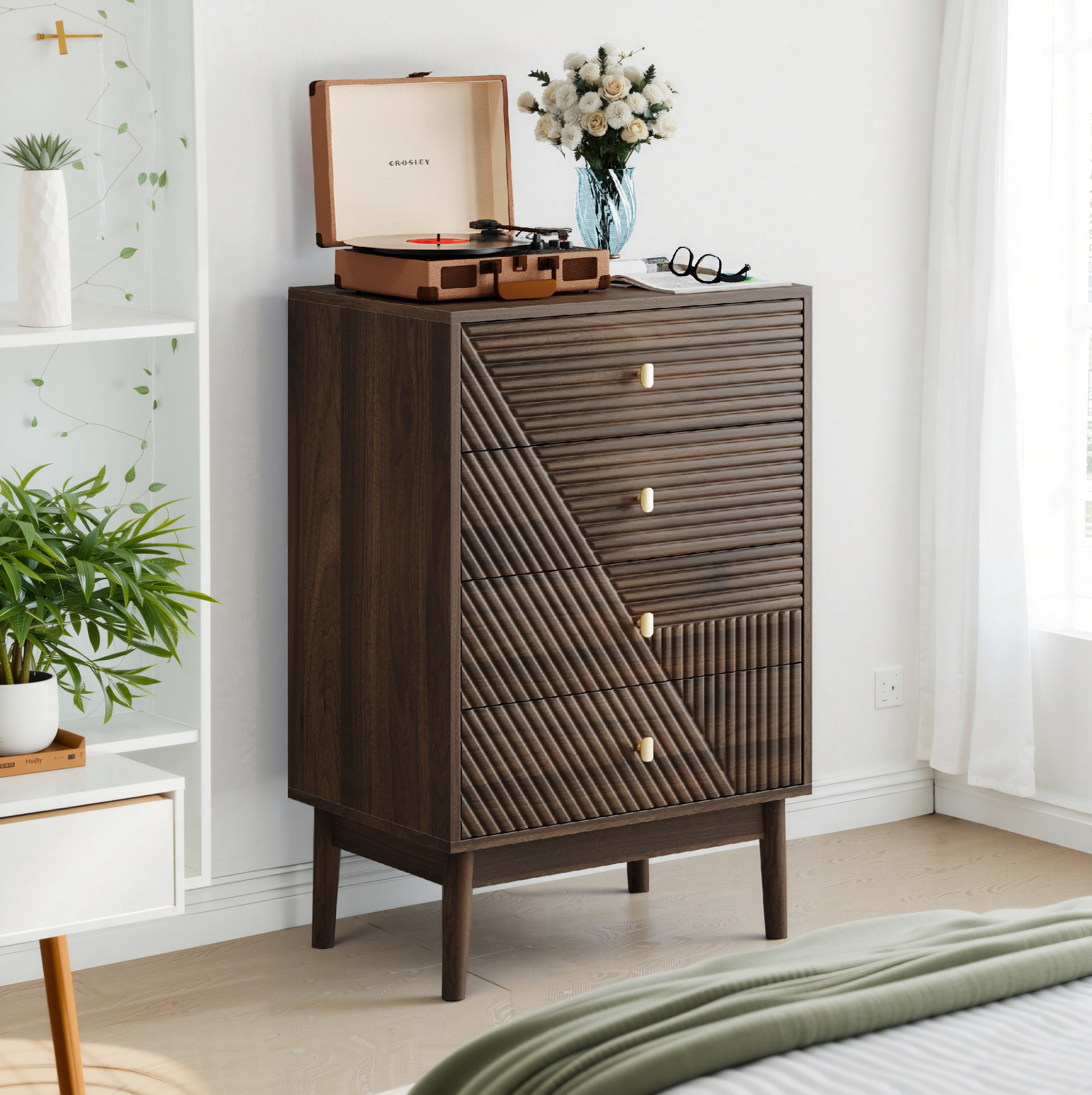 FLORAGRACE Commode avec 4 tiroirs et rangements ouverts, style mid ...