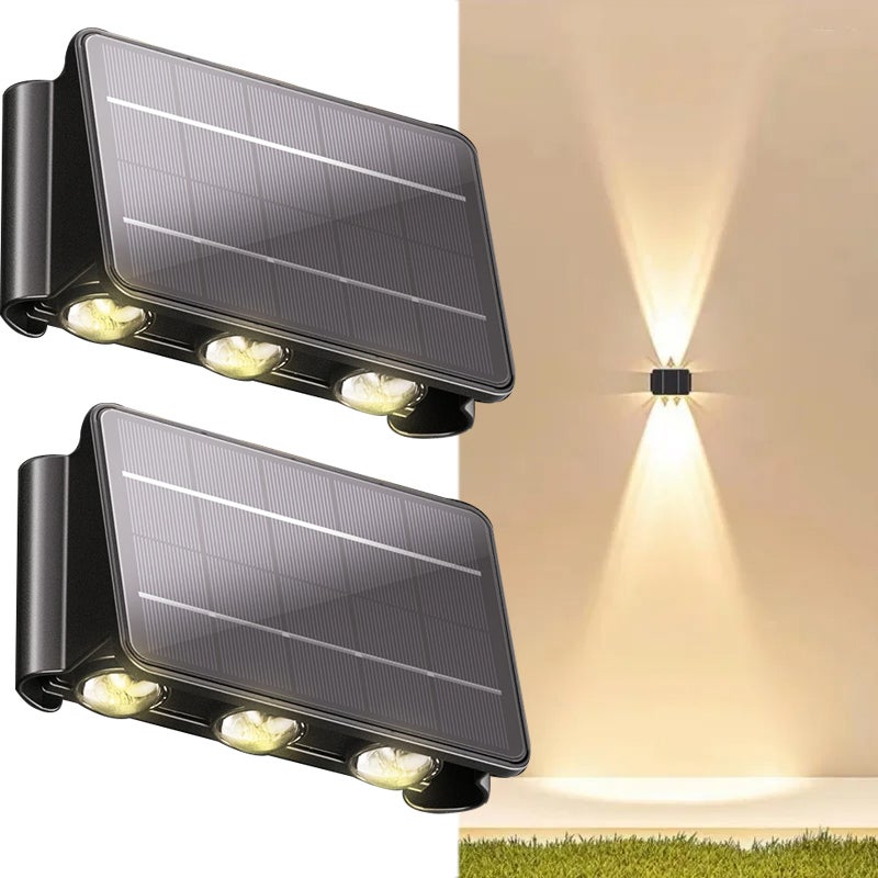 Zestaw 2 zewnętrznych lamp solarnych, oświetlenie ścienne góra-dół, wodoodporny solarny kinkiet od zmierzchu do świtu do patio, ogrodu, podwórza
