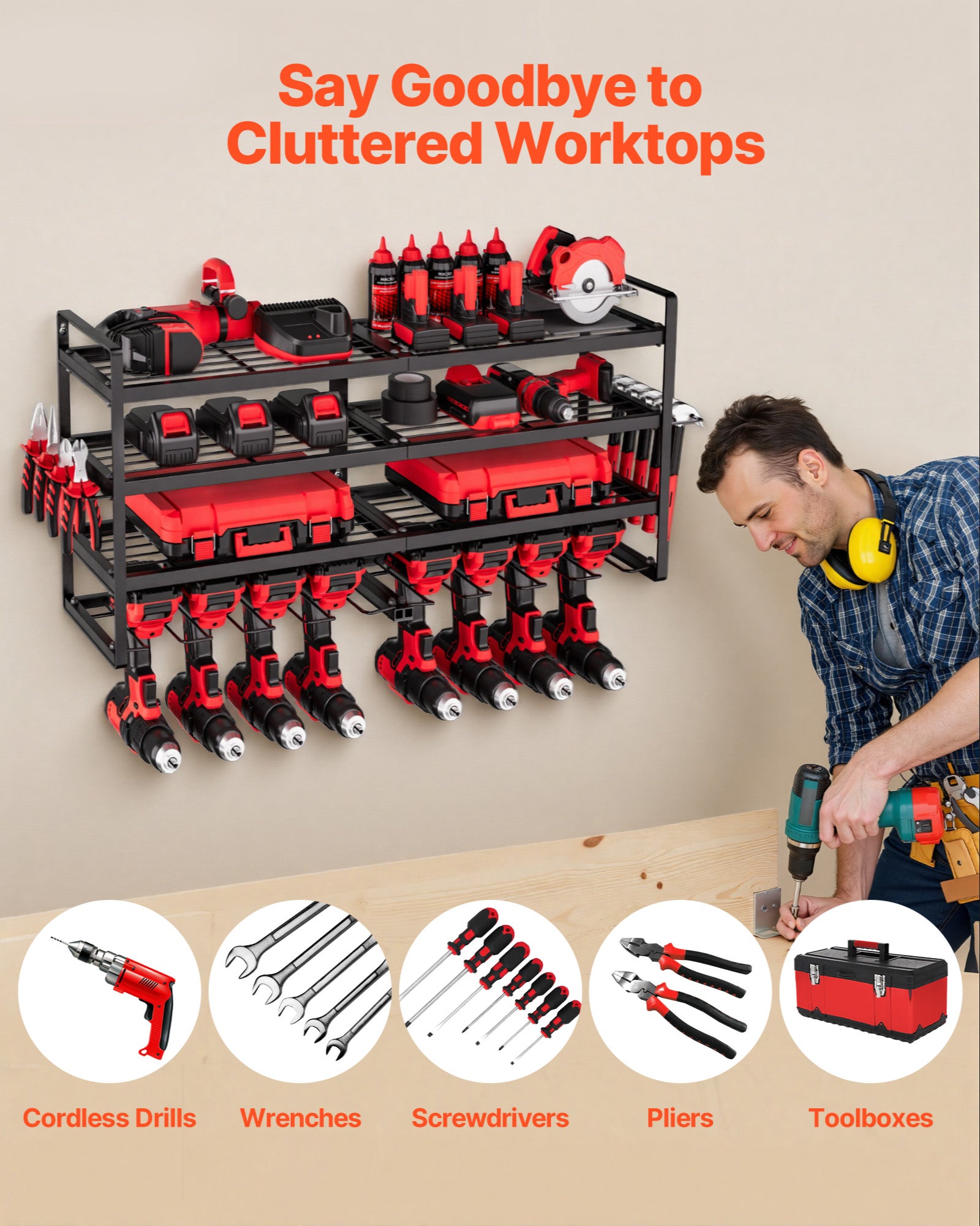 Organiseur mural VEVOR pour outils électriques, support rangement à 4 niveaux avec 8 emplacements, support tournevis, pour garage, établi et atelier - 3