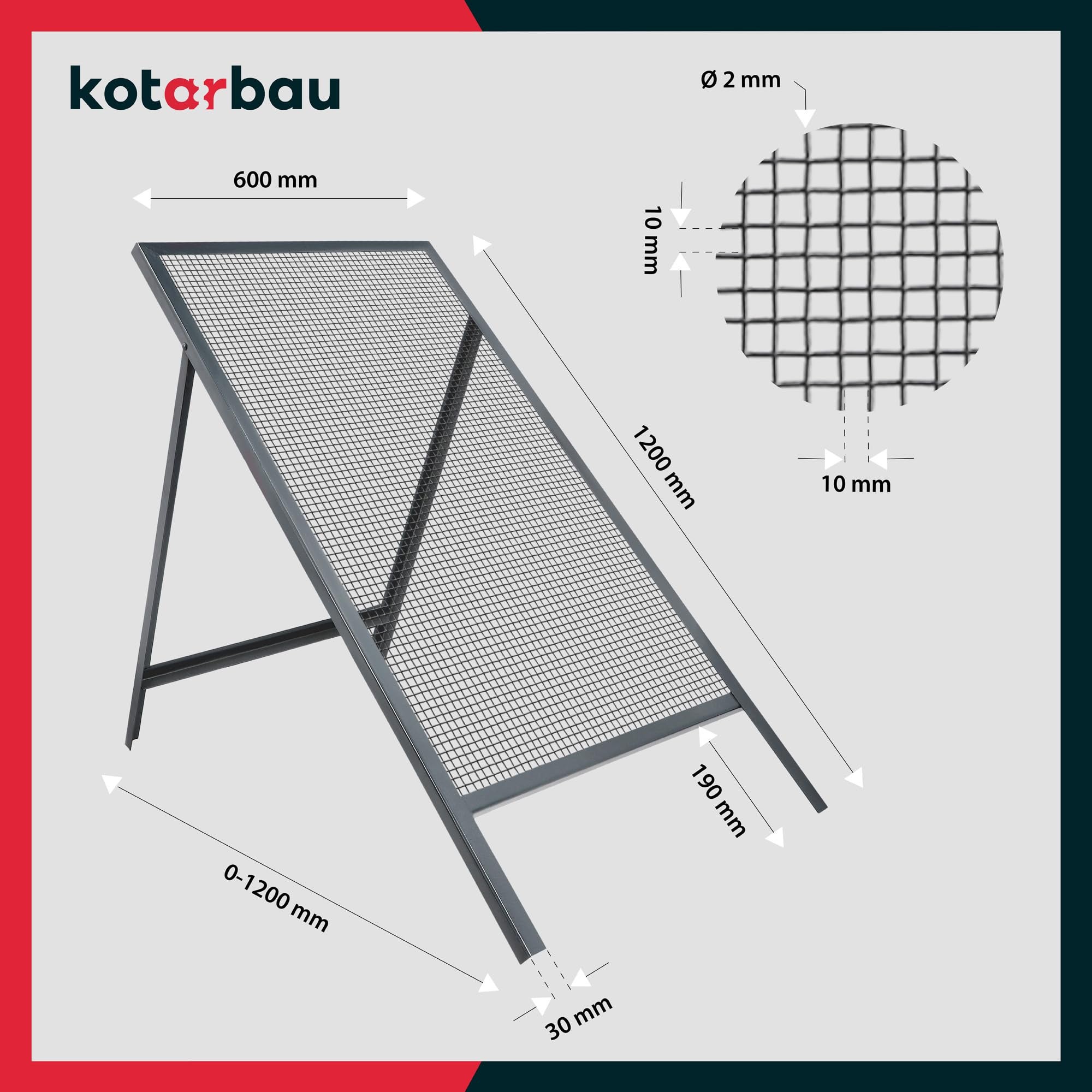 Setaccio da Giardino - 10 x 10 mm - Setaccio Sabbia - Acciaio - 60 x 120 cm - Grigio - per Terriccio - Robusto - Supporto Regolabile - Per KOTARBAU - 6