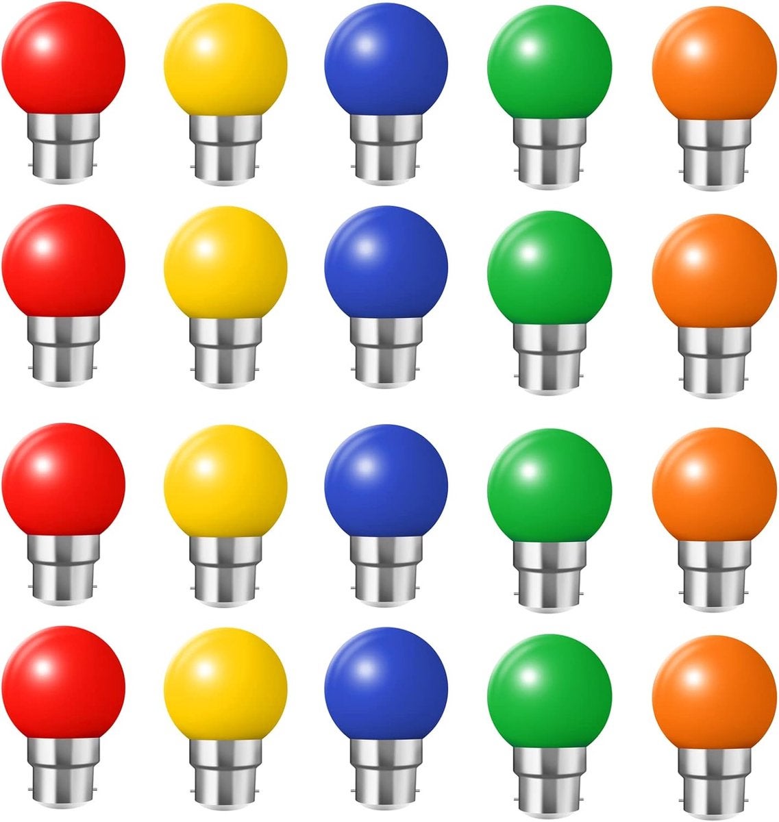 Pachet de 20 de becuri LED B22, 2W, soclu baionetă, roșu, galben, portocaliu, verde, albastru, rezistente la spargere (echivalent 20W) 20buc