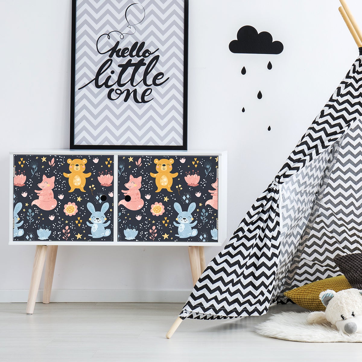 Vinilo decorativo infantil osito y zorro del bosque - adhesivo de pared - revestimiento sticker mural decorativo - 60x90cm