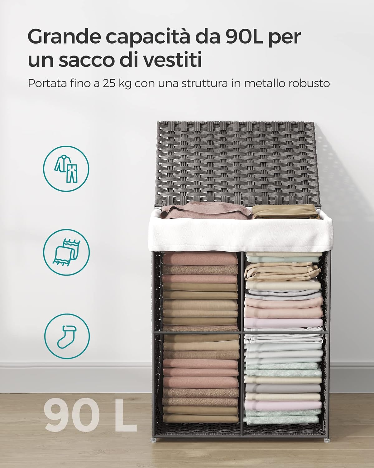 Cestino Portaoggetti, Cesta Portabiancheria 90L con Coperchio, Pieghevole, Sacco Rimovibile, Grigio - 5