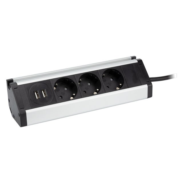 Multiprise support smartphone 3 prises Schuko + 2 USB A - Argent/Noir - Zenitech