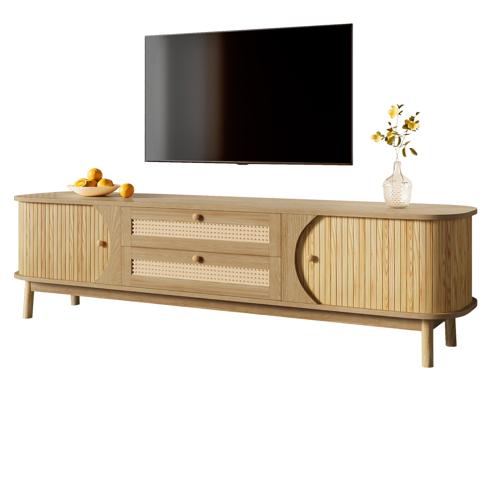 TV-Schrank z drzwiami i szufladami - drewno naturalne, rattan, 170x39.5x46 cm