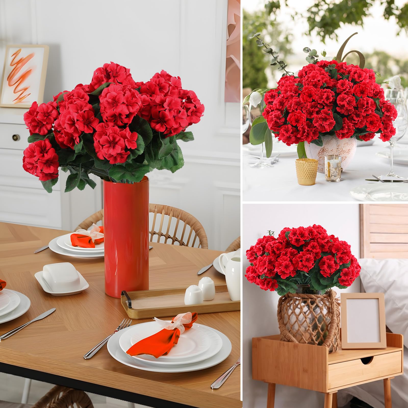 Paquete de 5 flores artificiales de geranio y begonia para bodas, flores y plantas artificiales, rojo, 35 cm - 9