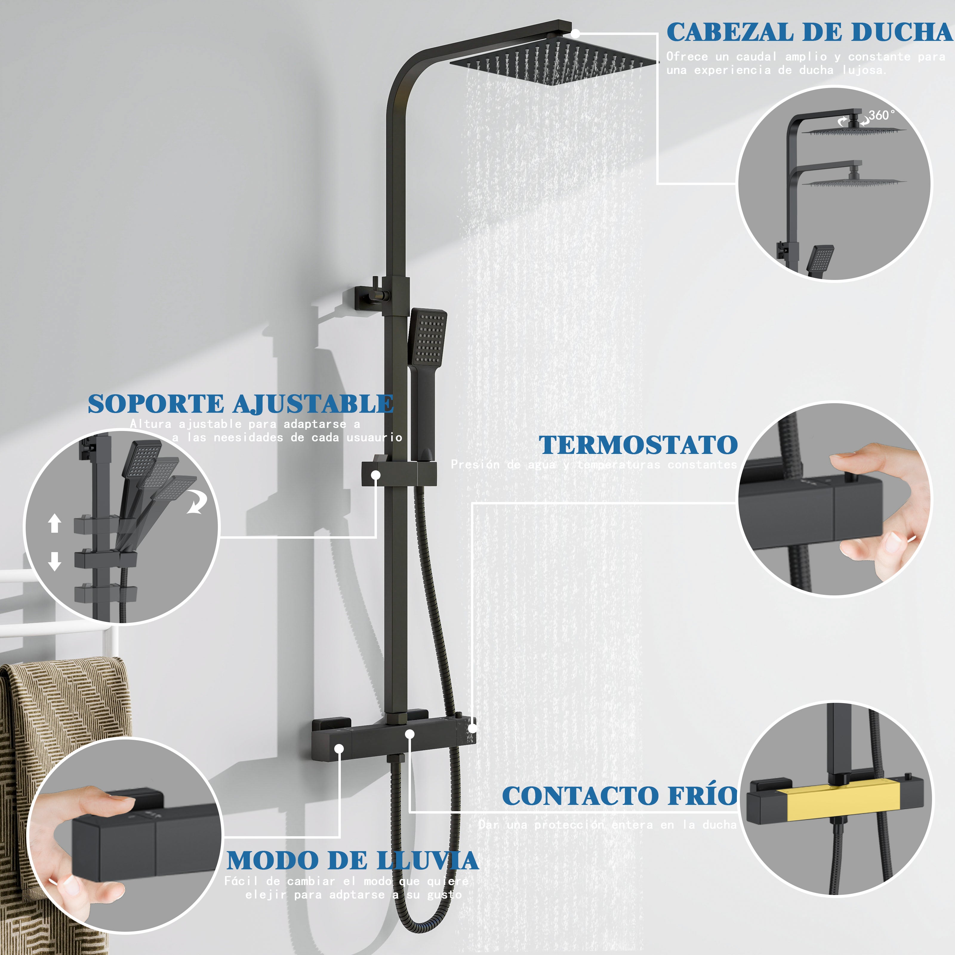 Aica Columna de Ducha Termostática con alcachofa de mano ducha lluvia barra ajustable negro mate - 4