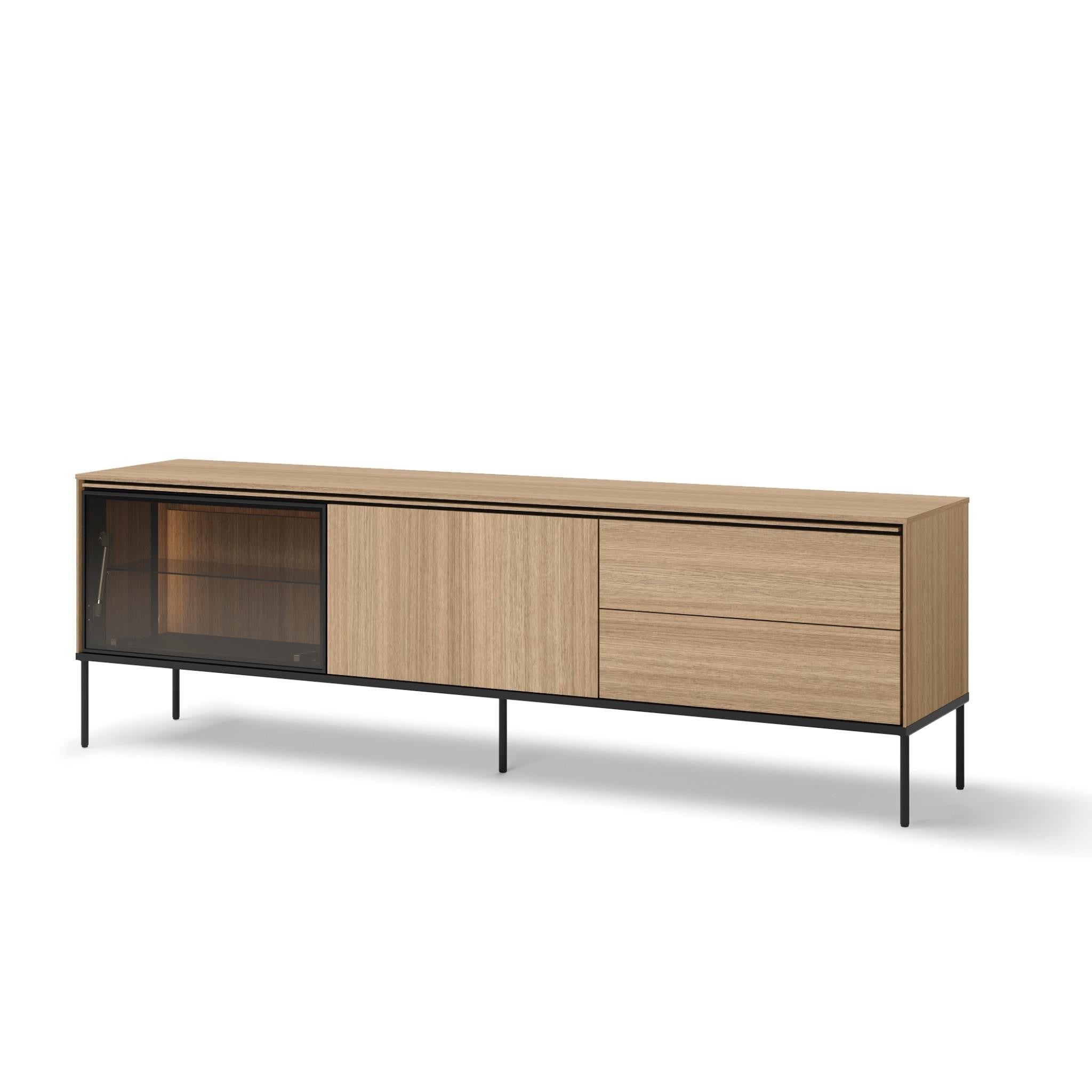 Szafka RTV VISSO 197 cm – 2 szuflady, stolik telewizyjny z LED, przeszklony front