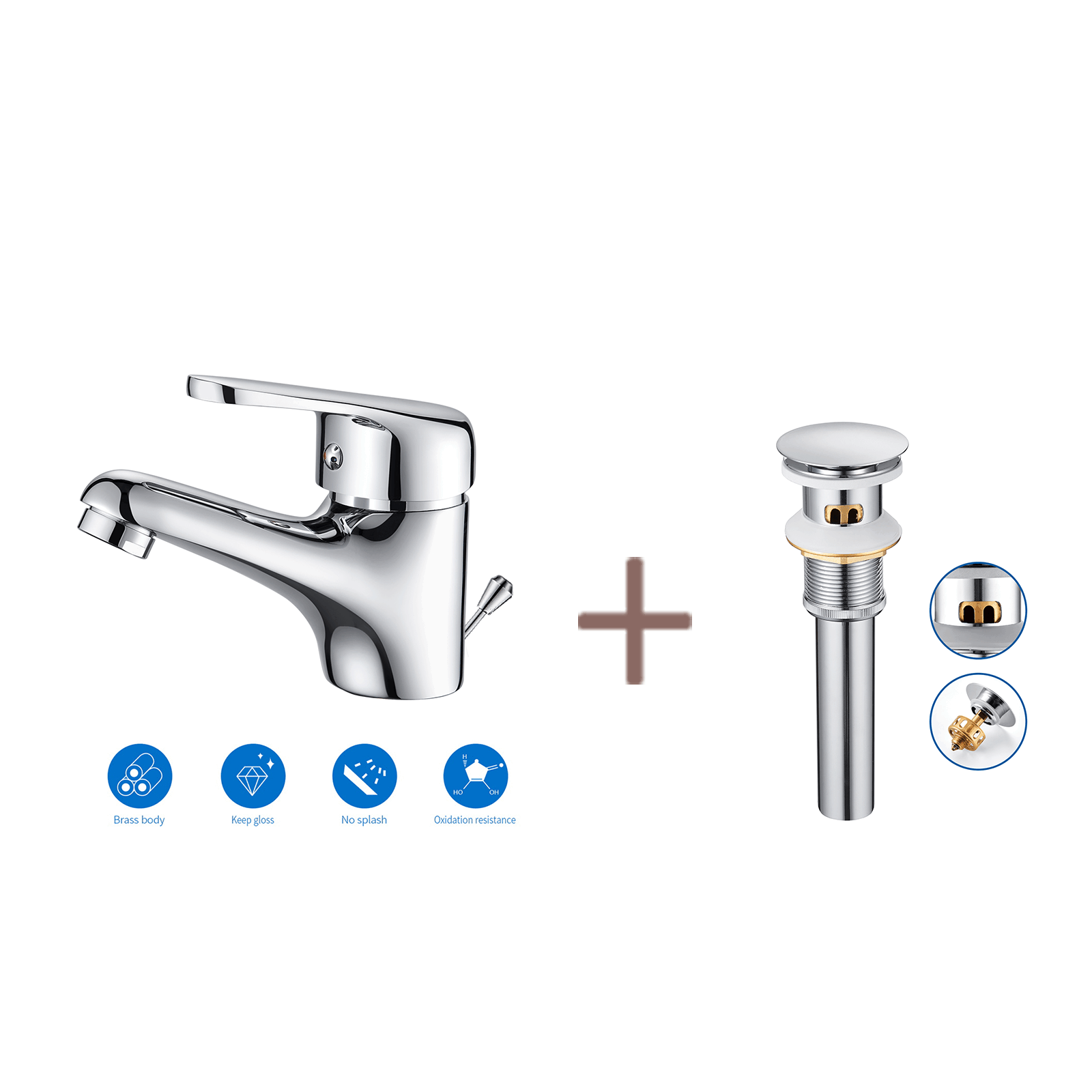 Mitigeur Lavabo Monotrou Auralum Chromé - Robinet Salle De Bain Avec Tirette Vidage, Laiton, Bonde Incluse