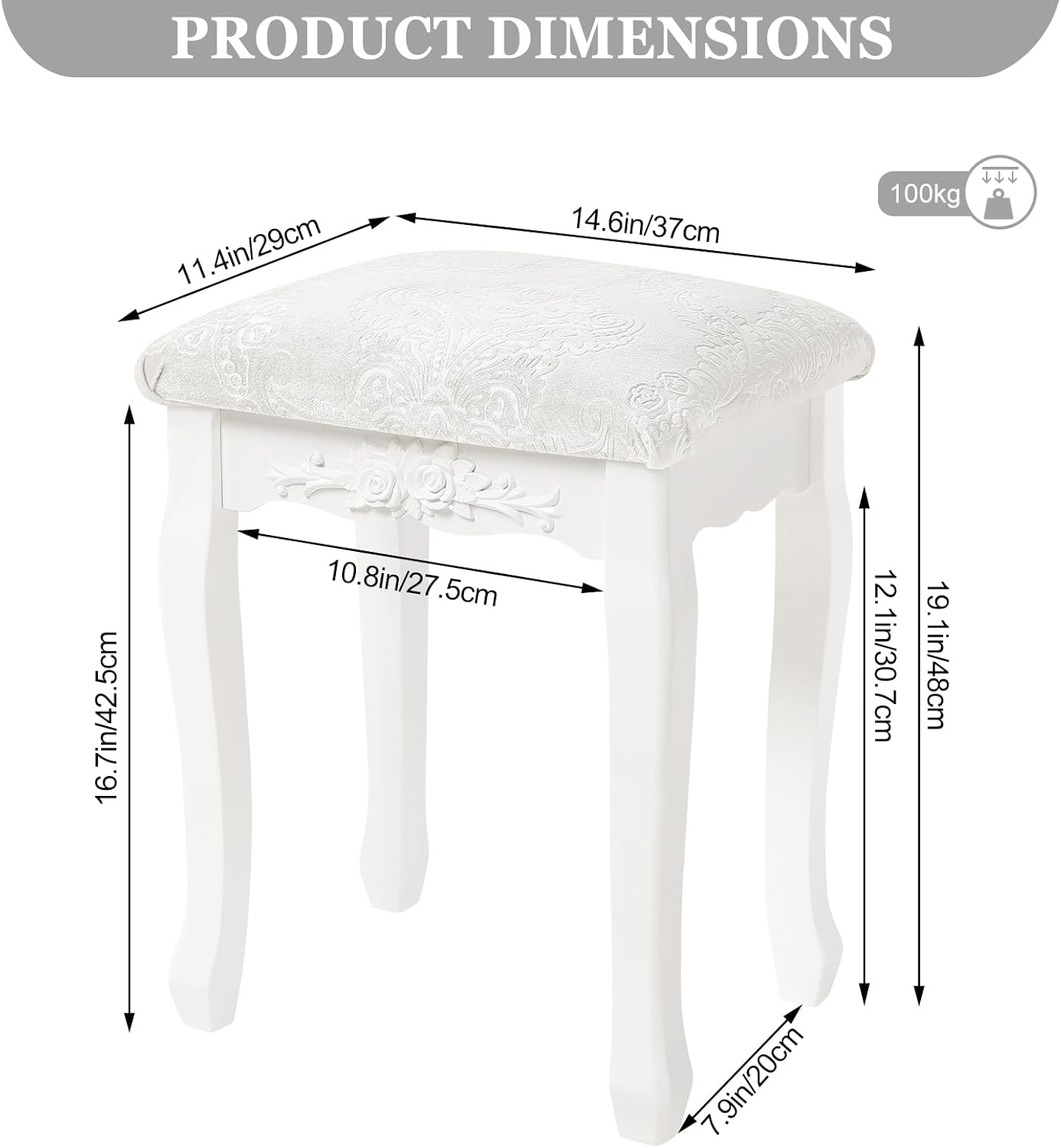 Tabouret de Coiffeuse 37x30x50cm WOLTU, Vintage Rembourré, Chaise de Maquillage et de Chambre, Style Baroque, Blanc Crème - 4