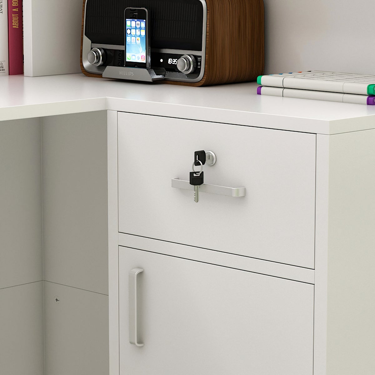 Comptoirs de réception avec compartiments ouverts étagères Tiroir verrouillable Salon Bureau Blanc 142x82x123cm - 5