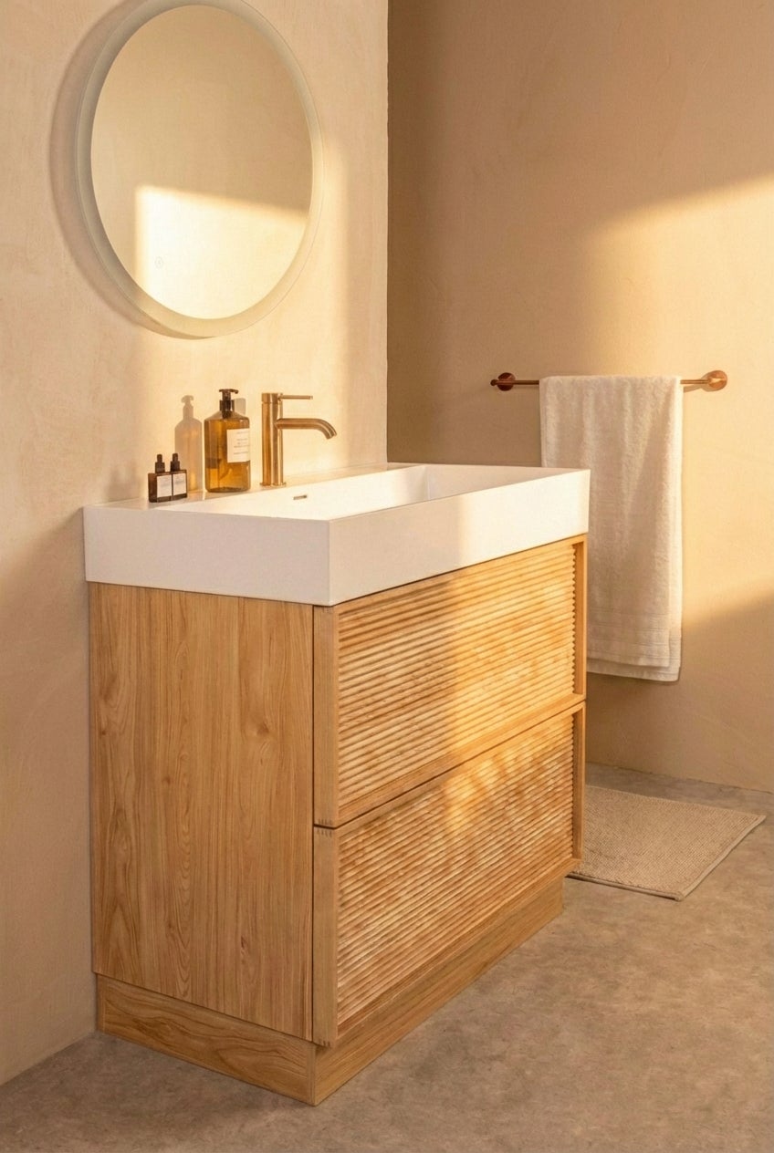 Meuble salle de bain à poser au sol JASPER L80 x H85 x P46 cm couleur chêne clair avec vasque à poser BASS - 2