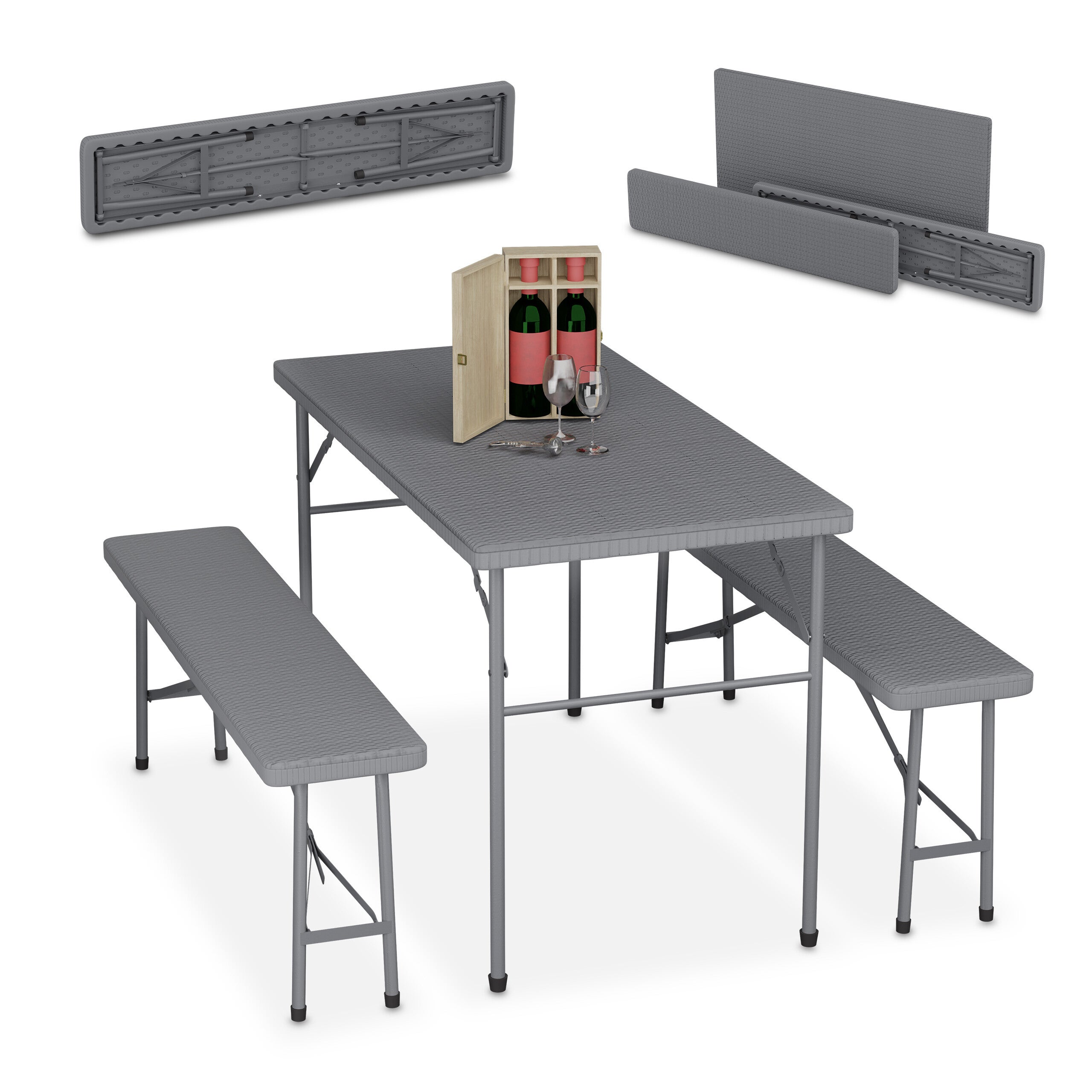 Relaxdays Ensemble Table Pliante + 2 Bancs Rotin 120 Cm – Jardin, Camping, Terrasse – Marron Authentique