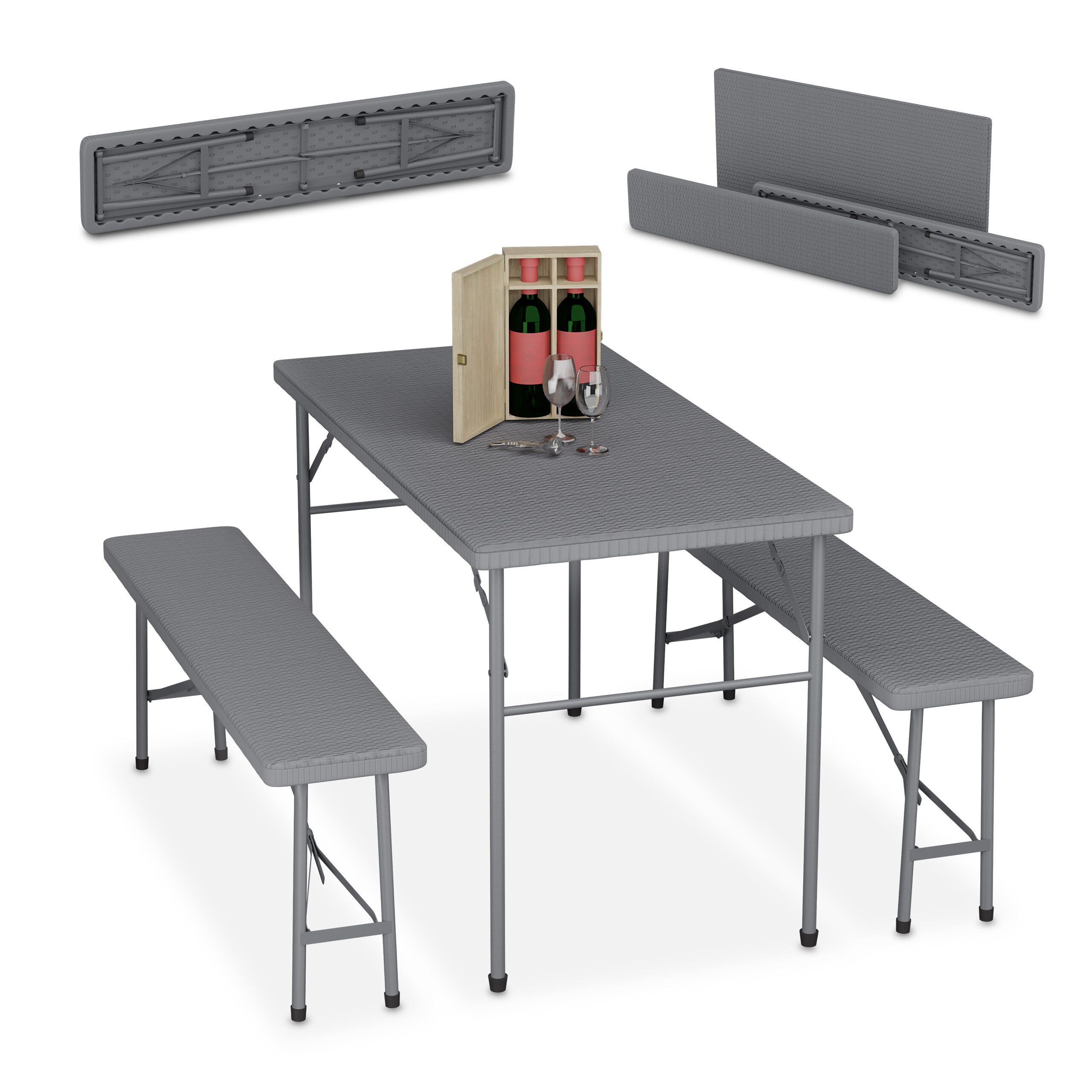 Relaxdays Ensemble Table Pliante + 2 Bancs Rotin 120 Cm – Jardin, Camping, Terrasse – Marron Authentique