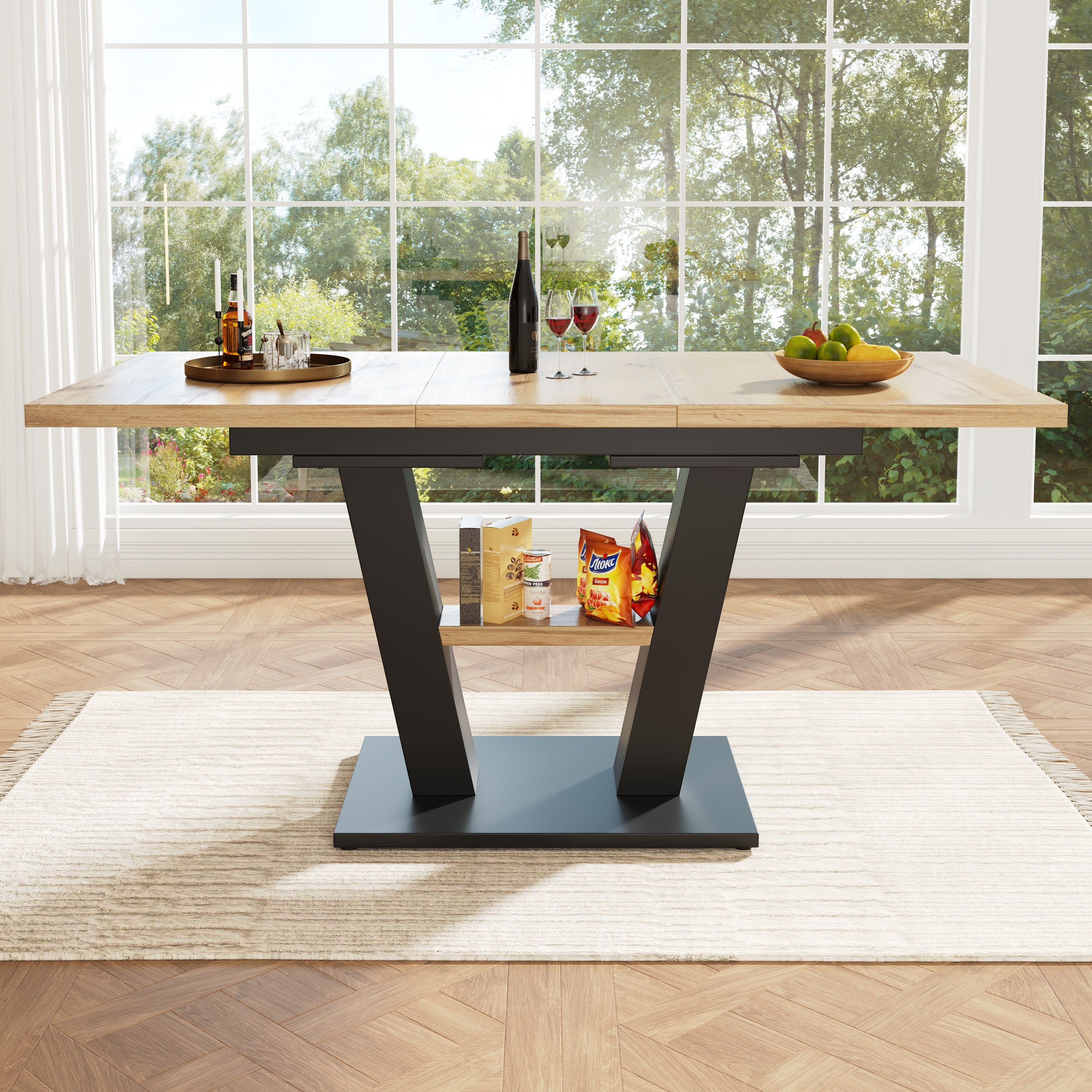 Table à manger extensible 4 à 6 couverts - 118/157 x 70 x 75 cm - Plateau extensible - MDF - Naturel + noir - 2