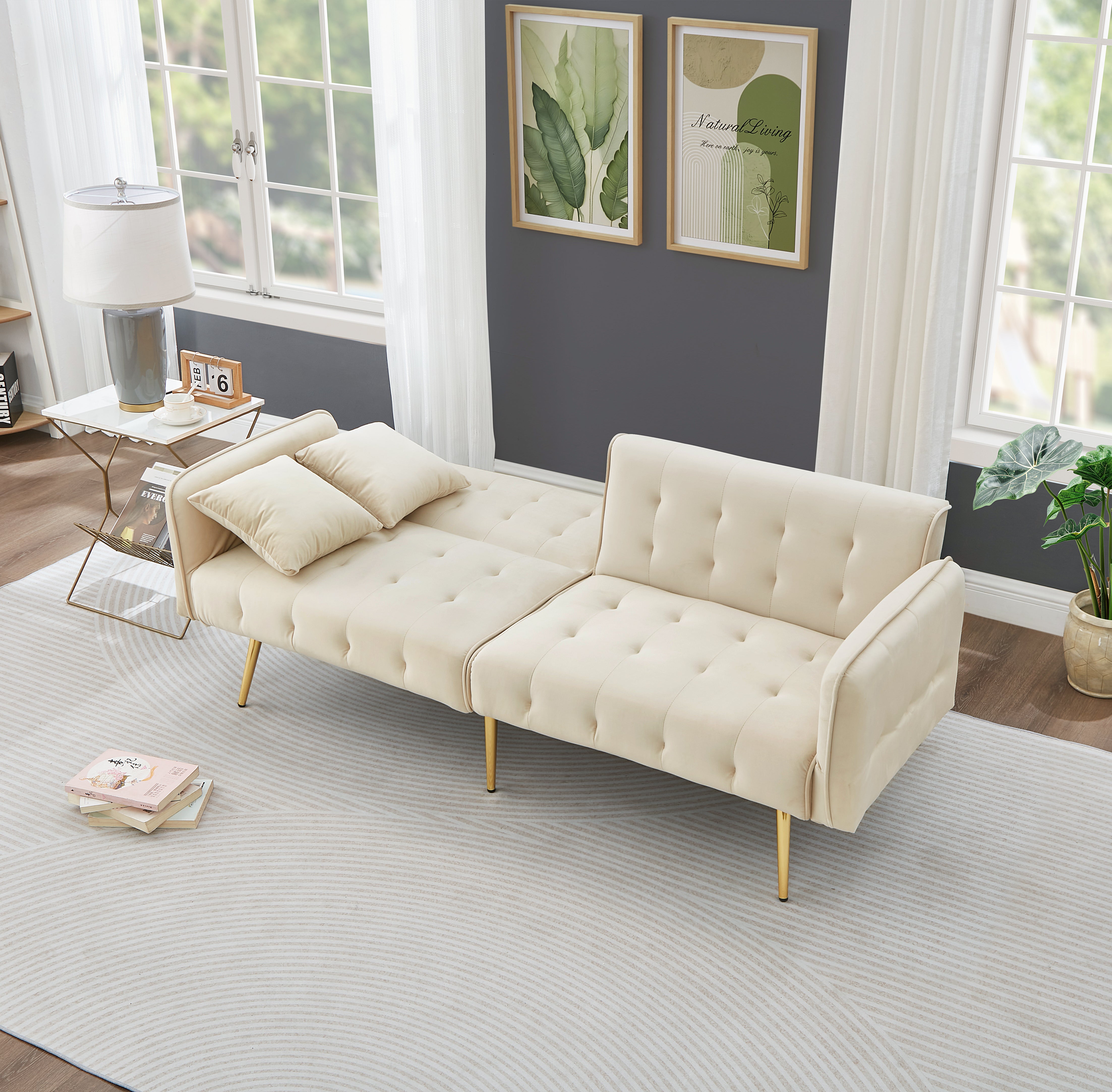 Wielofunkcyjna sofa 2-osobowa - Regulowane oparcie - Regulowane podłokietniki - Aksamit - Beżowa - 9