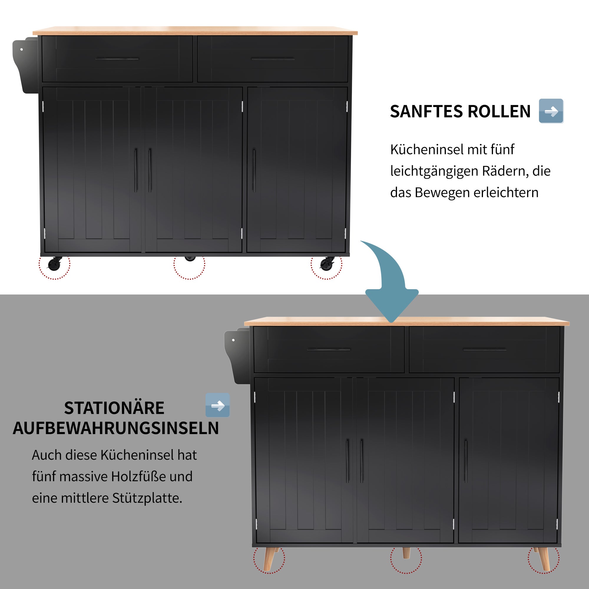 Îlot de cuisine avec plateau pliable et 5 roulettes, 129×46-71×91,5 cm,Desserte de cuisine avec espace de rangement, 2 tiroirs et 3 portes,Noir - 5