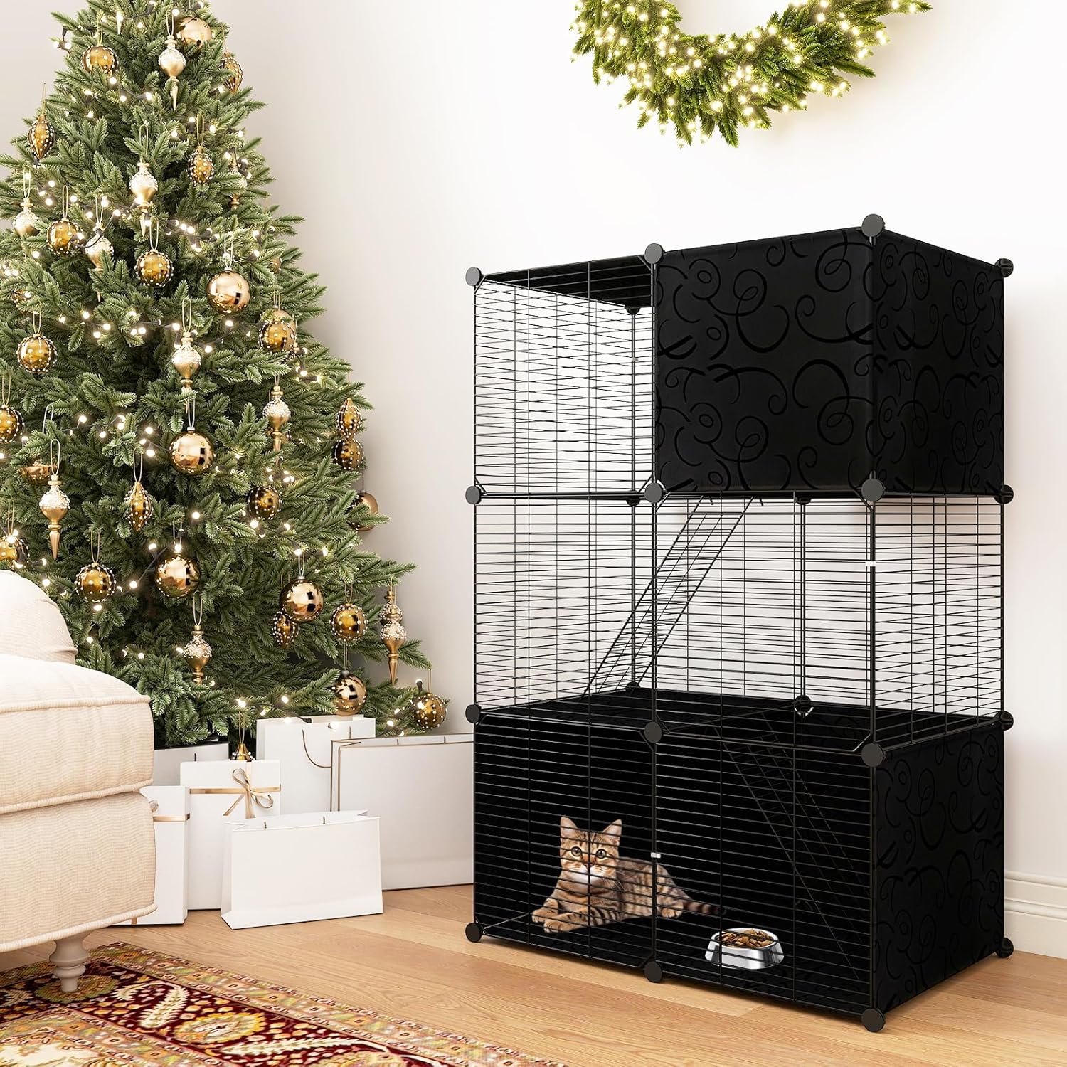 Gaiola para gatos de interior, recinto para gatos em arame metálico modular com 3 portas e 2 escadas, quarto, sala de estar (74 x 47 x 110 cm) - 4