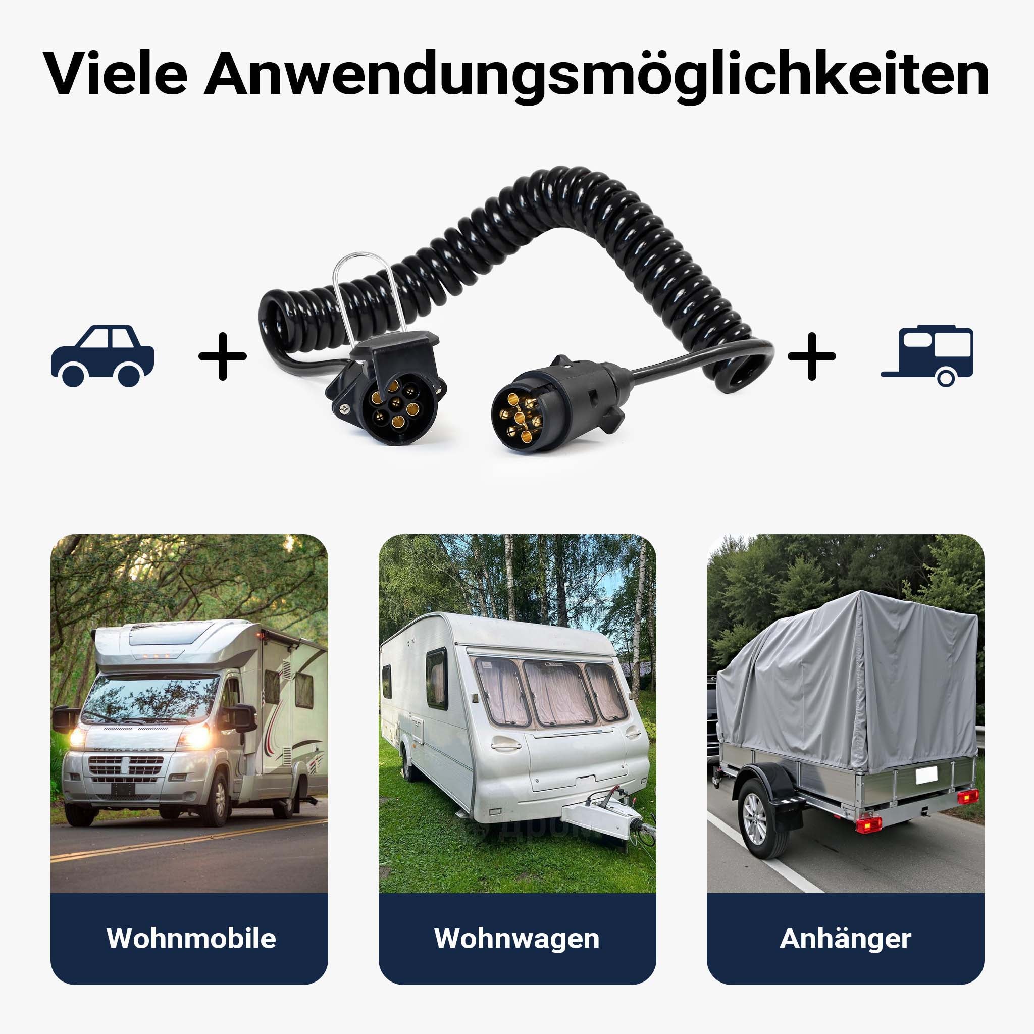 Câble de rallonge électrique spiralé – 3 m – 2 fiches – 7 broches – Feux de camping car et remorque – Feu arrière, clignotants, Wiltec - 3