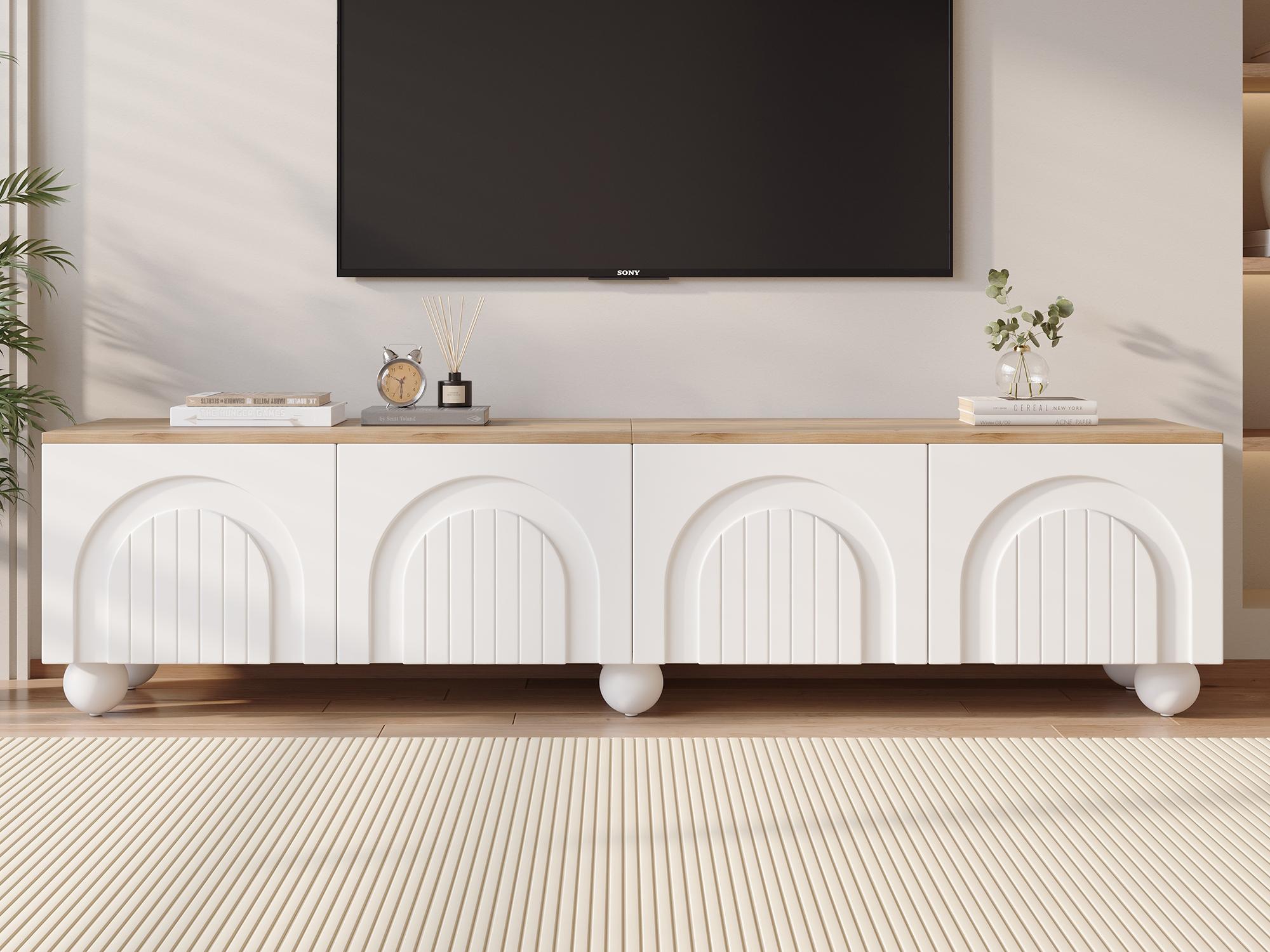 Stolik RTV 180x40x45 cm - 4 drzwi - nowoczesny design - MDF - Biały + Naturalny