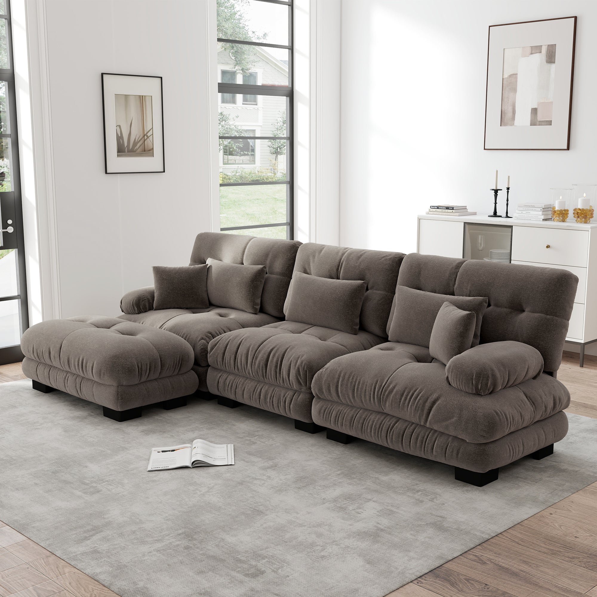 Canapé d'angle extra large en forme de L,Canapé nuage 3 places avec 1 repose-pieds,Canapé modulable avec coussins lombaires,Chenille,Marron - 2