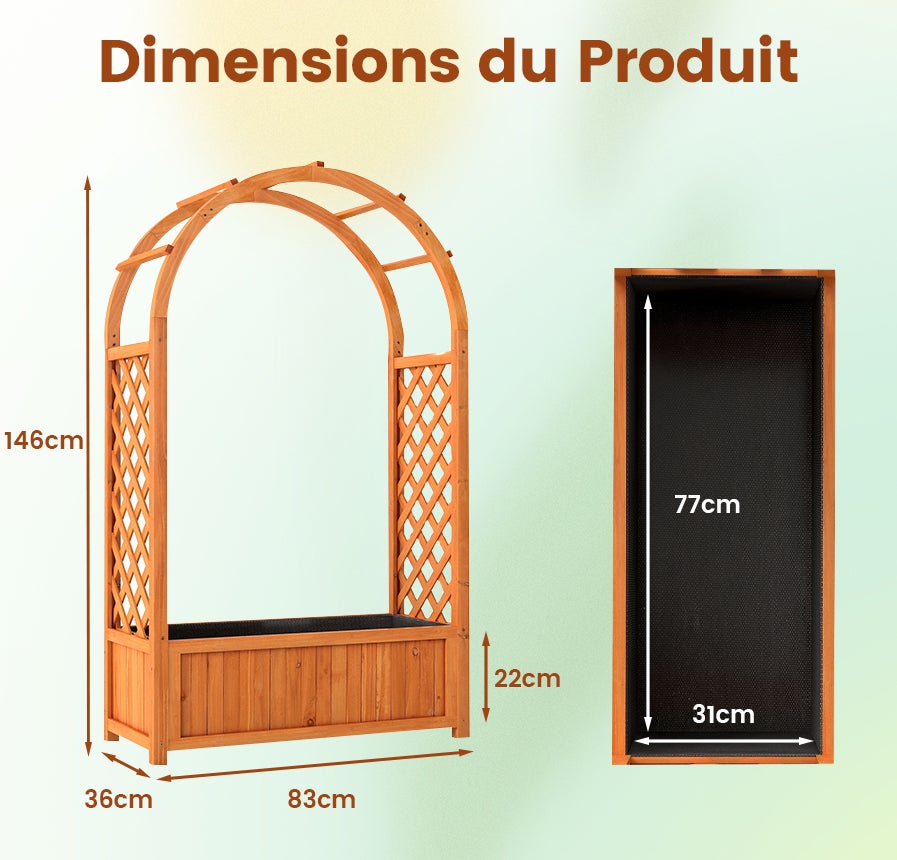 Jardinière Élevée avec Treillis en Arc, Bac à Plantes en Bois avec Doublure et Système de Drainage pour Vignes, Rampantes, Fleurs, Légumes - 3