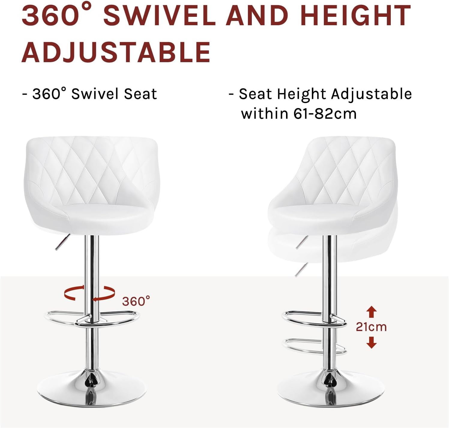 Lot de 2 Tabouret de bar WOLTU, Tabouret de Cuisine en cuir synthétique, Siège bien rembourré, Hauteur réglable, Facile à nettoyer, Blanc - 5